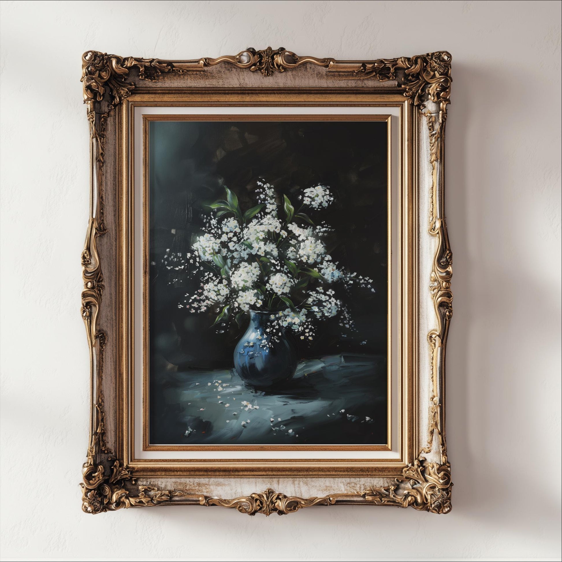 A framed painting depicting a vase filled with white flowers against a dark background.