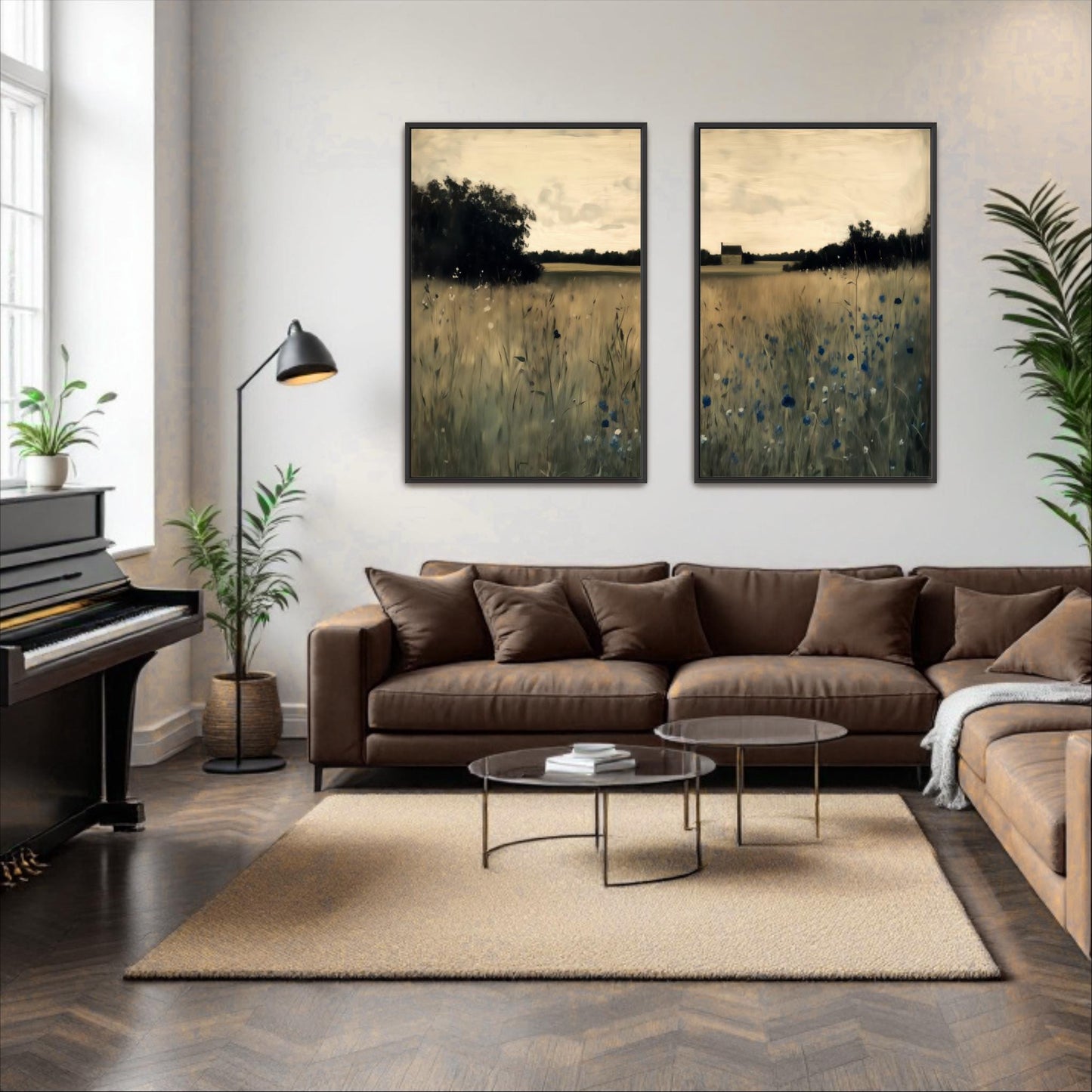 a cozy living room with a brown leather sofa, a glass coffee table, and two framed landscape paintings on the wall. The room is decorated with potted plants and a piano, creating a warm and inviting atmosphere.