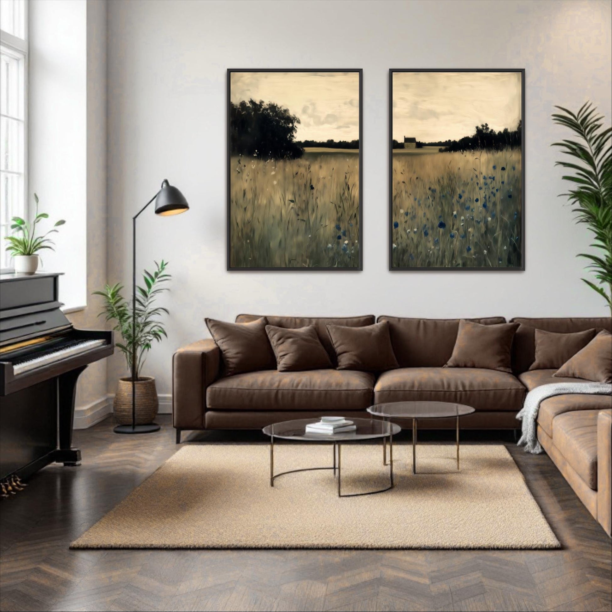 a cozy living room with a brown leather sofa, a glass coffee table, and two framed landscape paintings on the wall. The room is decorated with potted plants and a piano, creating a warm and inviting atmosphere.