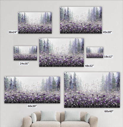 a collection of five framed pictures of a field of purple flowers, each with a different size and resolution. The pictures are arranged in a grid on a wall, with the largest one being 60x30" and the smallest one being 18x12". The images depict a serene landscape with a field of flowers and trees, creating a peaceful and natural atmosphere.