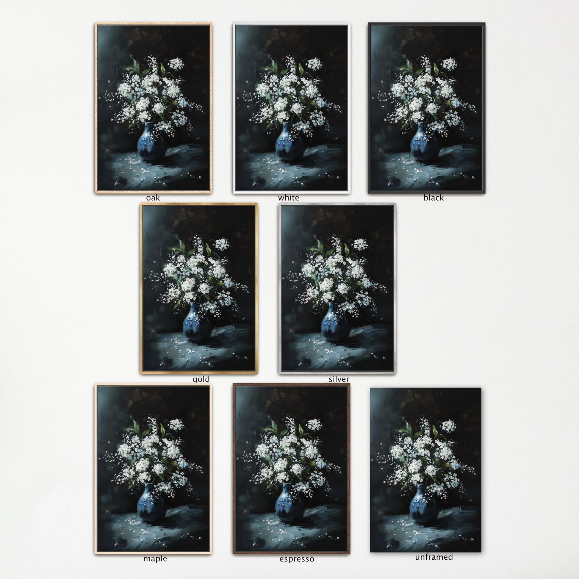 a collection of nine framed paintings, each depicting a vase filled with white flowers. The paintings are arranged in a grid format, with three paintings in each row and three paintings in each column. The paintings vary in size and frame style, showcasing different artistic interpretations of the same subject matter.