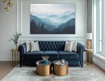 a living room with a blue tufted sofa, two round coffee tables, and a large landscape painting on the wall depicting a mountain range.