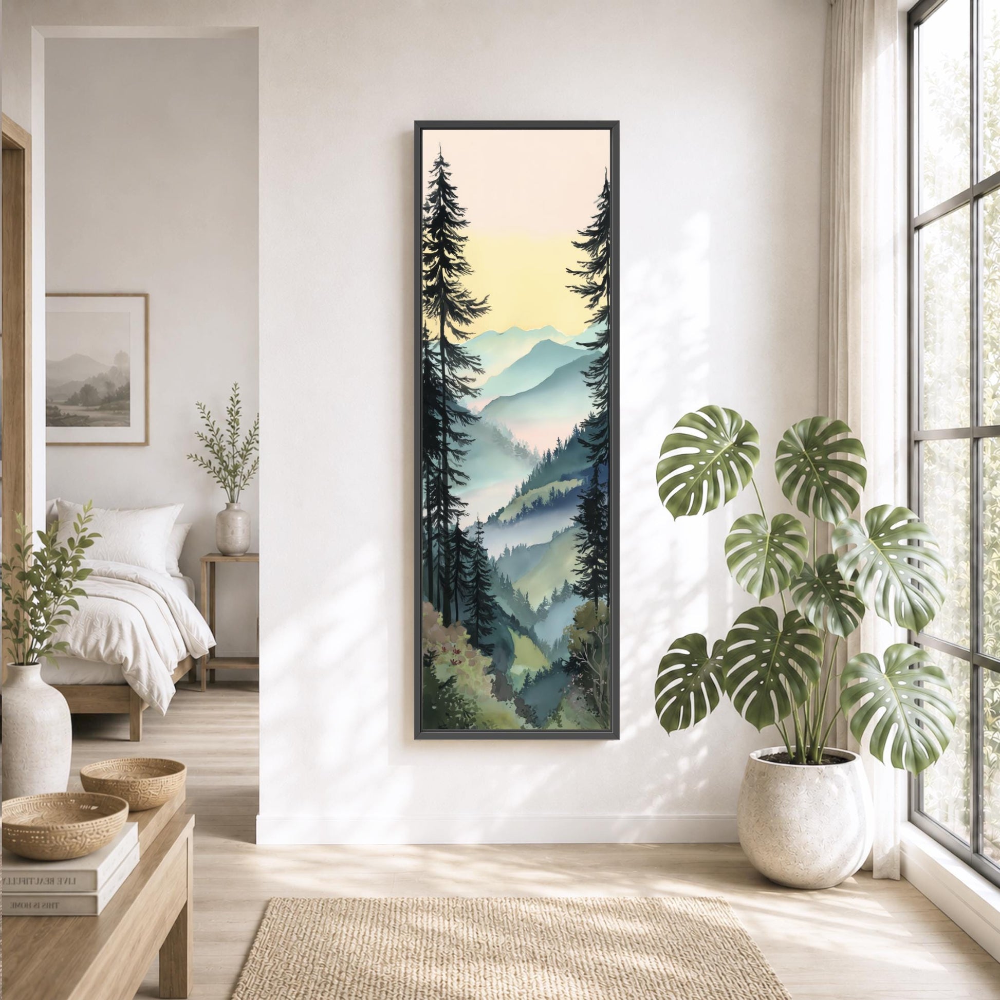 a serene and modern living room with a large framed landscape painting hanging on the wall, featuring a mountain scene with pine trees and a valley. The room is decorated with potted plants, a large window, and a wooden coffee table.