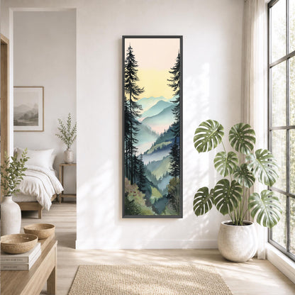 a serene and modern living room with a large framed landscape painting hanging on the wall, featuring a mountain scene with pine trees and a valley. The room is decorated with potted plants, a large window, and a wooden coffee table.