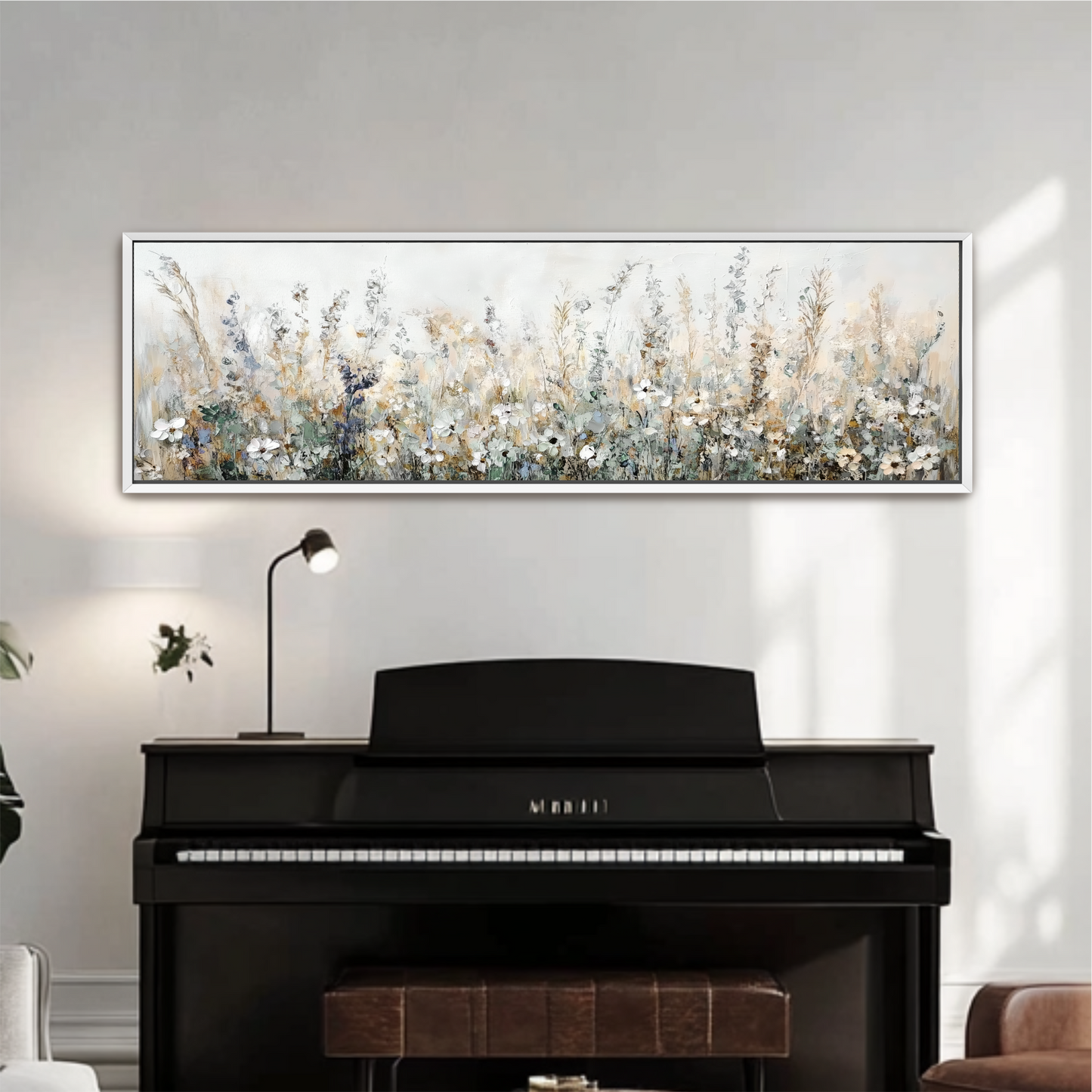 a large, framed painting of a field of flowers hanging on a wall above a black piano.