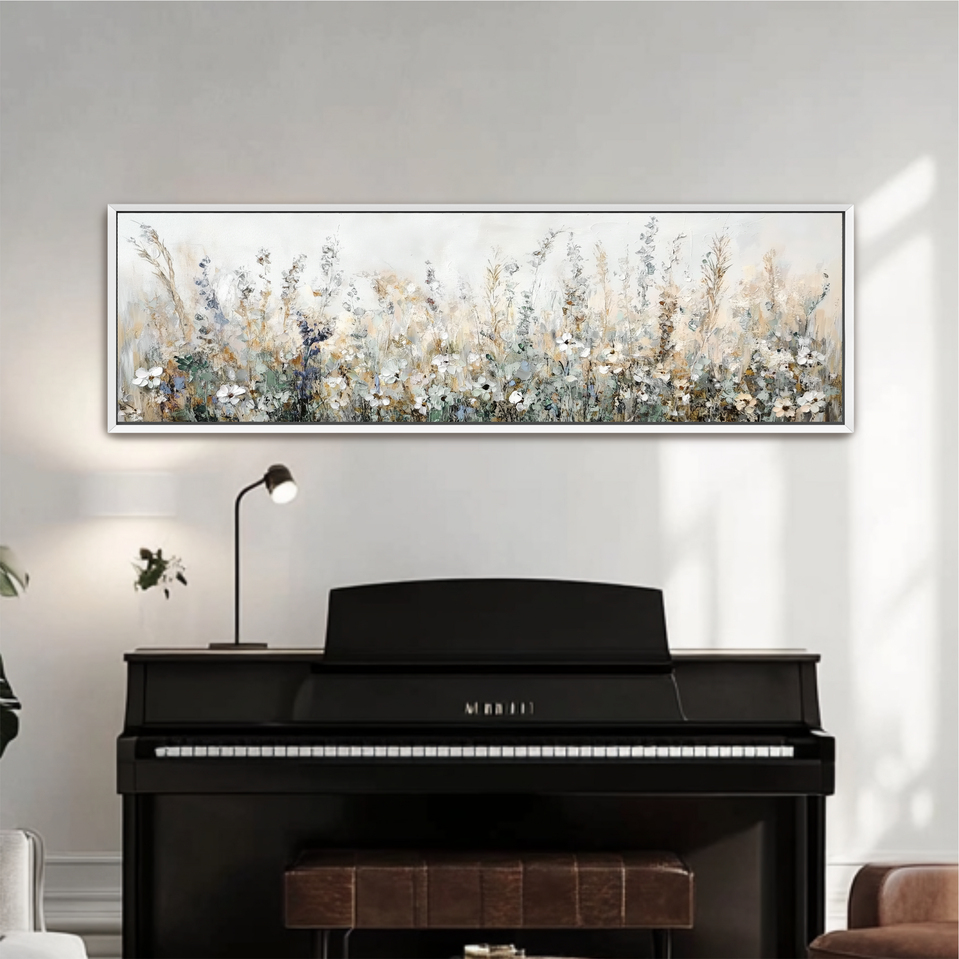 a large, framed painting of a field of flowers hanging on a wall above a black piano.