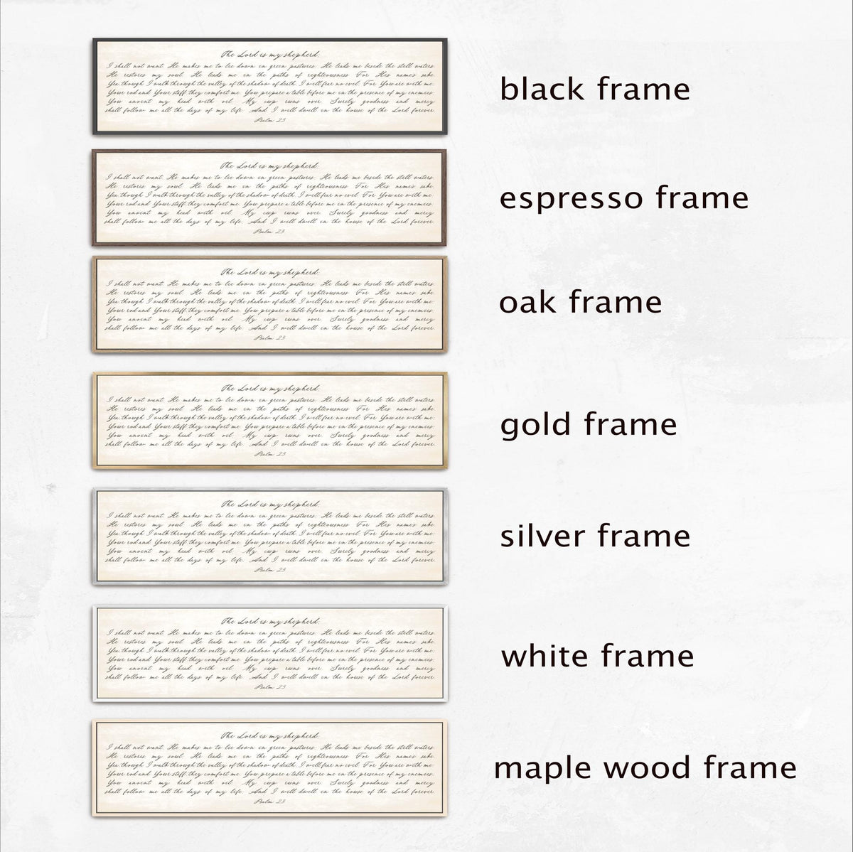 six different frames, each with a unique color and frame type, including black, black frame, espresso, oak, gold, silver, and white frames.