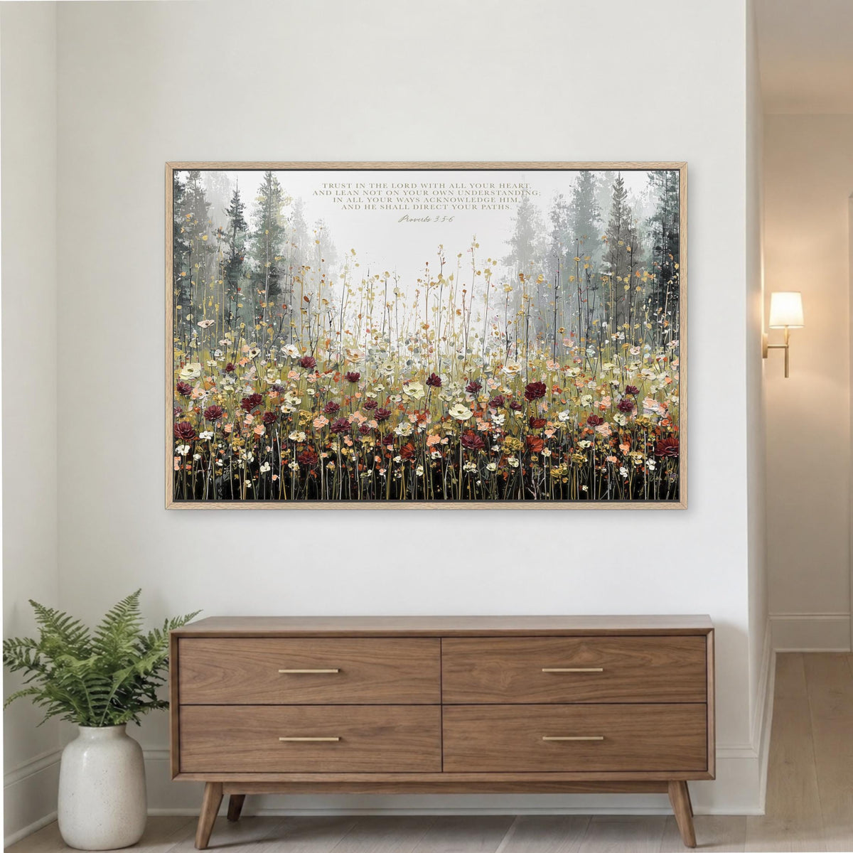 Proverbs 3:5-6 Wall Art, Trust in the Lord Scripture Art, Mountain Forest Painting, Christian Nature Lover Art, Cabin Decor “Trust in the Lord with all your heart.” Proverbs 3:5-6 is paired with a peaceful wildflower meadow and forest landscape in this Christian wall art. The soft, earthy colors and detailed flowers create a peaceful piece that feels right at home in a cozy, nature-inspired space.