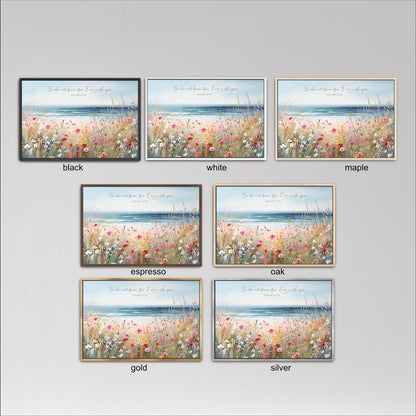 six framed pictures of a field with flowers, each in a different color and frame style, arranged in a grid against a gray background.