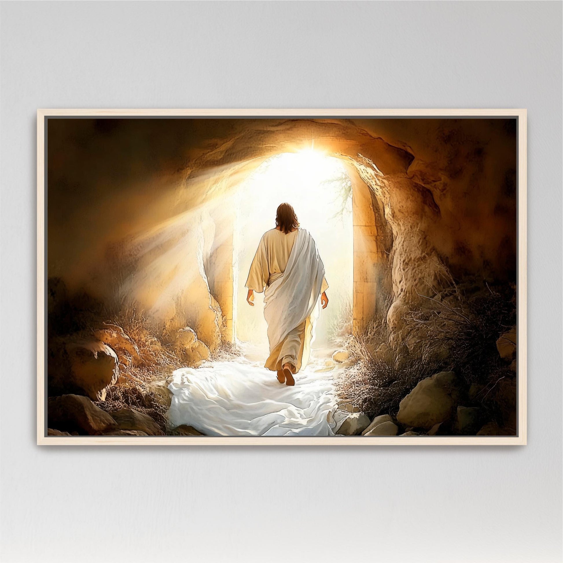 a person in a white robe walking through a tunnel with a bright light at the end, suggesting a religious or spiritual theme.
