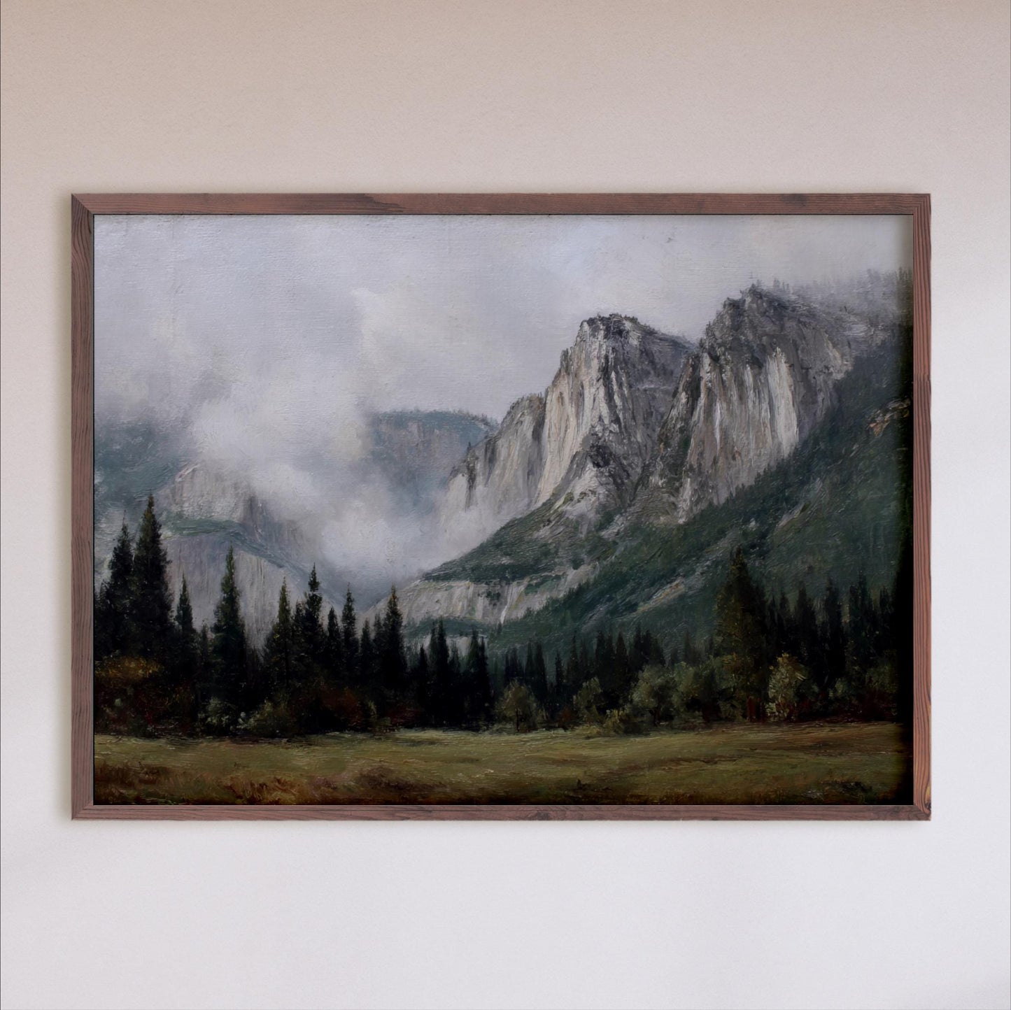 a serene landscape with towering mountains, lush forests, and a misty, cloudy atmosphere.