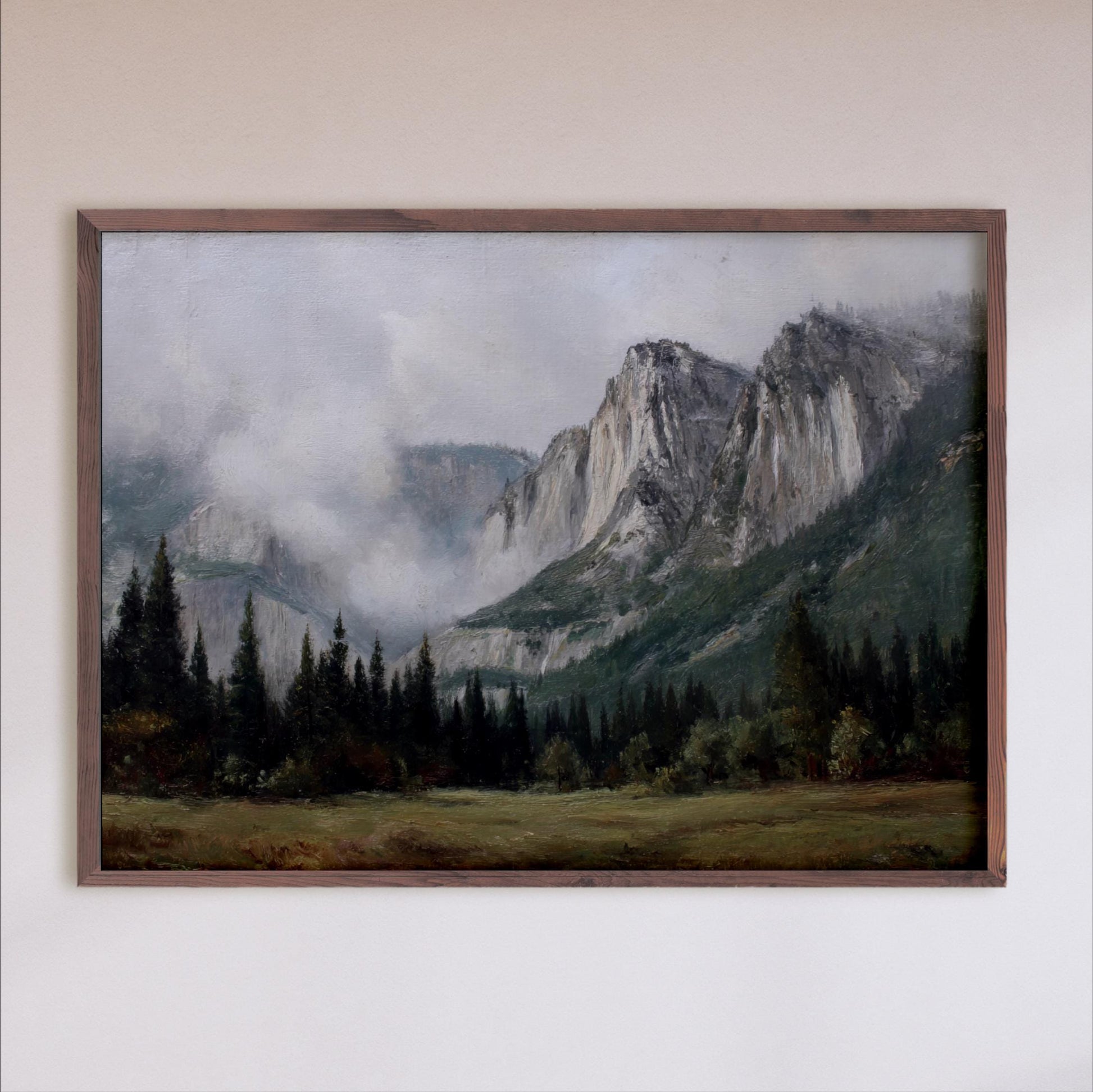 a serene landscape with towering mountains, lush forests, and a misty, cloudy atmosphere.