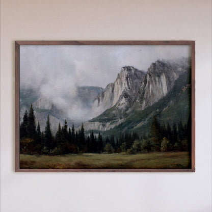 a serene landscape with towering mountains, lush forests, and a misty, cloudy atmosphere.