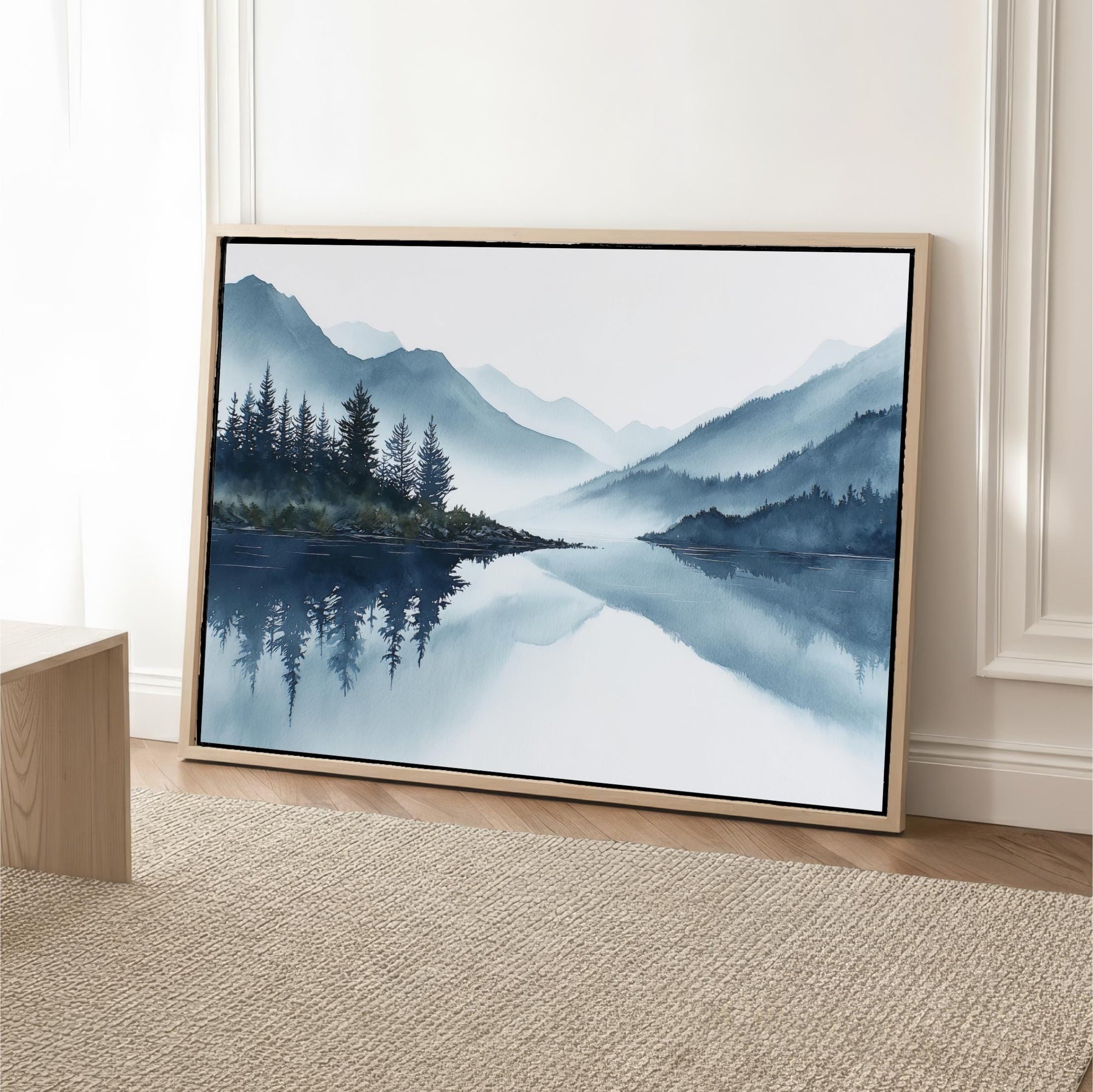 a large landscape painting depicting a serene mountain lake surrounded by trees and mountains.