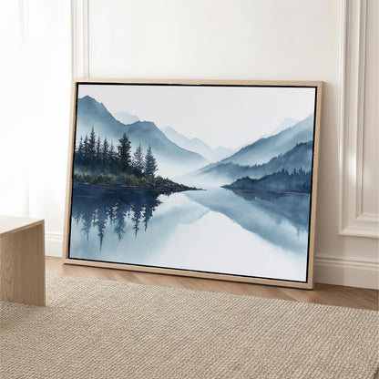 a large landscape painting depicting a serene mountain lake surrounded by trees and mountains.