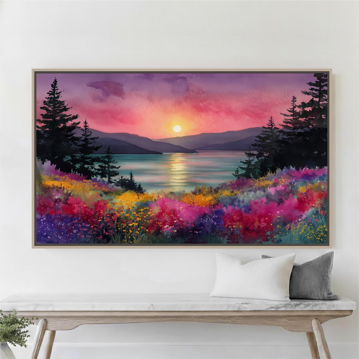 a large, vibrant painting of a sunset over a mountain landscape, with a colorful sky and a body of water reflecting the warm hues.