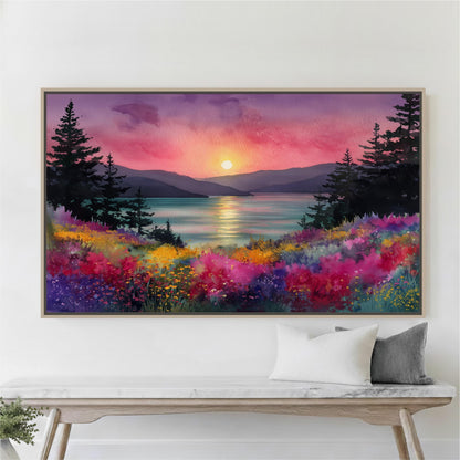 a large, vibrant painting of a sunset over a mountain landscape, with a colorful sky and a body of water reflecting the warm hues.