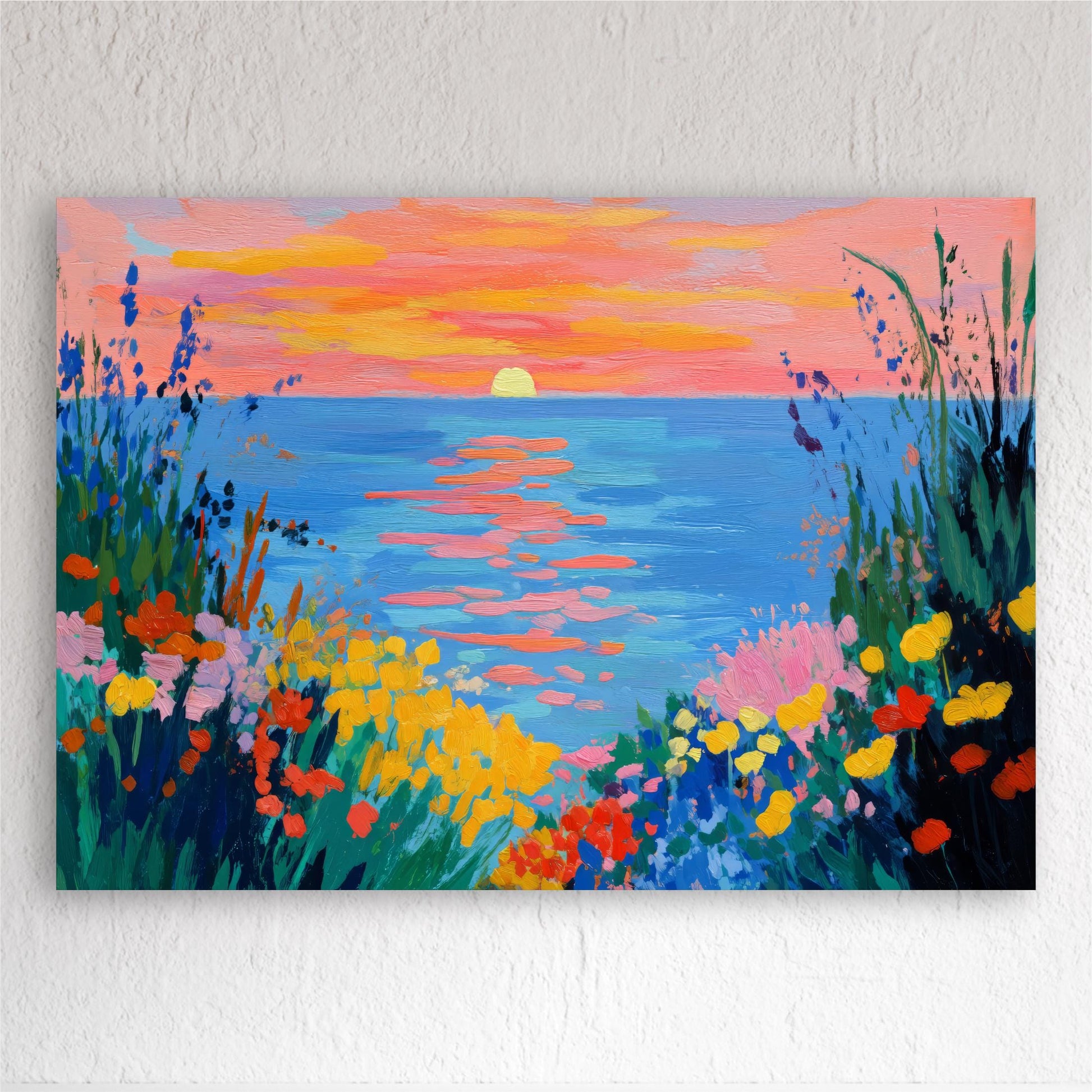 The image is a vibrant painting depicting a serene sunset over a body of water, surrounded by a lush garden filled with colorful flowers.