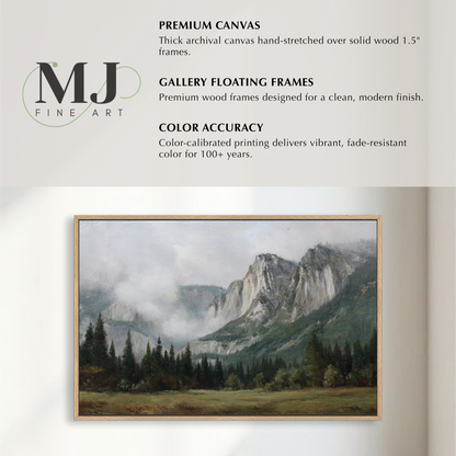 The image is a painting of a mountain landscape with a forest in the foreground. The painting is framed and appears to be a fine art piece.