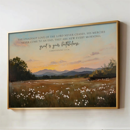 The image is a framed painting depicting a serene landscape with a field of white flowers, mountains in the distance, and a sunset sky. The text overlay provides a biblical message about the steadfast love of the Lord and the mercies that never come to an end, emphasizing the importance of faithfulness.