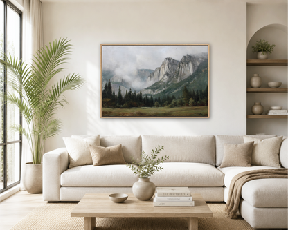 a serene living room with a large painting of a mountainous landscape hanging on the wall above a white sofa. The room is decorated with a potted plant, a vase with greenery, and a stack of books on a coffee table.