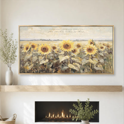 a large painting of a sunflower field with a quote above it, and a fireplace with a plant on the mantel below it.