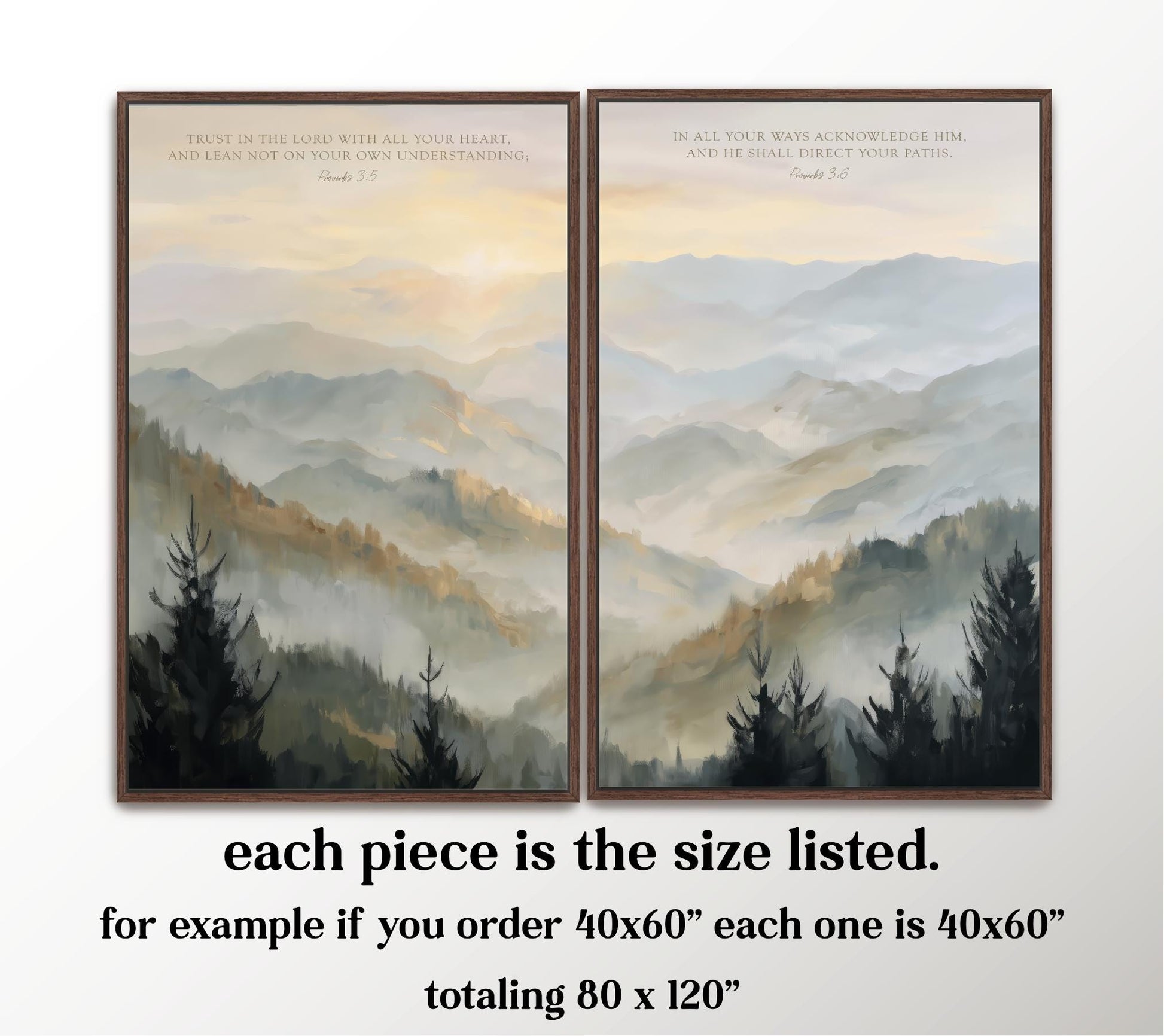 The image is a framed artwork depicting a serene mountain landscape with pine trees. Each piece is 40x60 inches, and if the customer orders 40x60 inches, each piece will be 40x60 inches, totaling 80 x 120 inches.