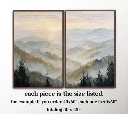 The image is a framed artwork depicting a serene mountain landscape with pine trees. Each piece is 40x60 inches, and if the customer orders 40x60 inches, each piece will be 40x60 inches, totaling 80 x 120 inches.