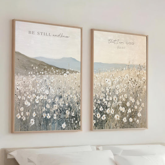 Landscape Floral 2 Piece Farmhouse Cottagecore Decor with Psalm 46:10 Scripture
 Be Still and know that I am GOD.

Bring a sense of peace and quiet into your home with this soft, neutral “Be Still and Know that I am God” wall art set, inspired by Psalm 46:10.

This two-piece artwork features a serene wildflower landscape with gentle tones of cream, sage, and muted blue, designed to create a calming atmosphere in any space.

Perfect for a living room, bedroom, entryway, office or prayer space, this Christian