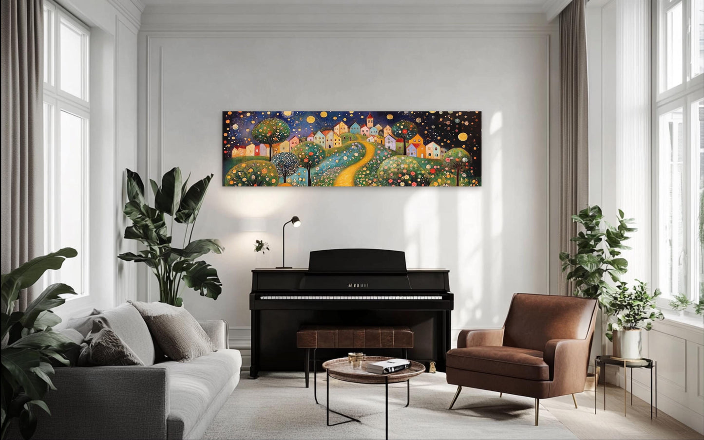a living room filled with furniture and a piano