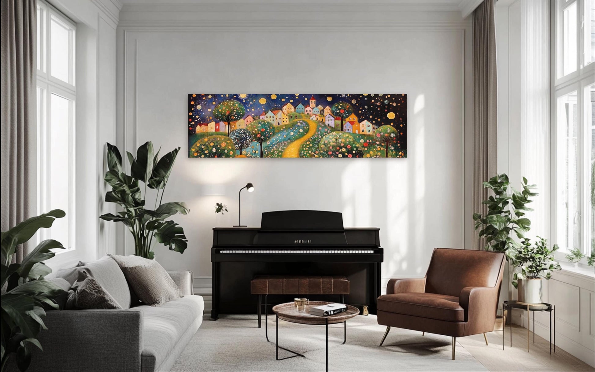 a living room filled with furniture and a piano