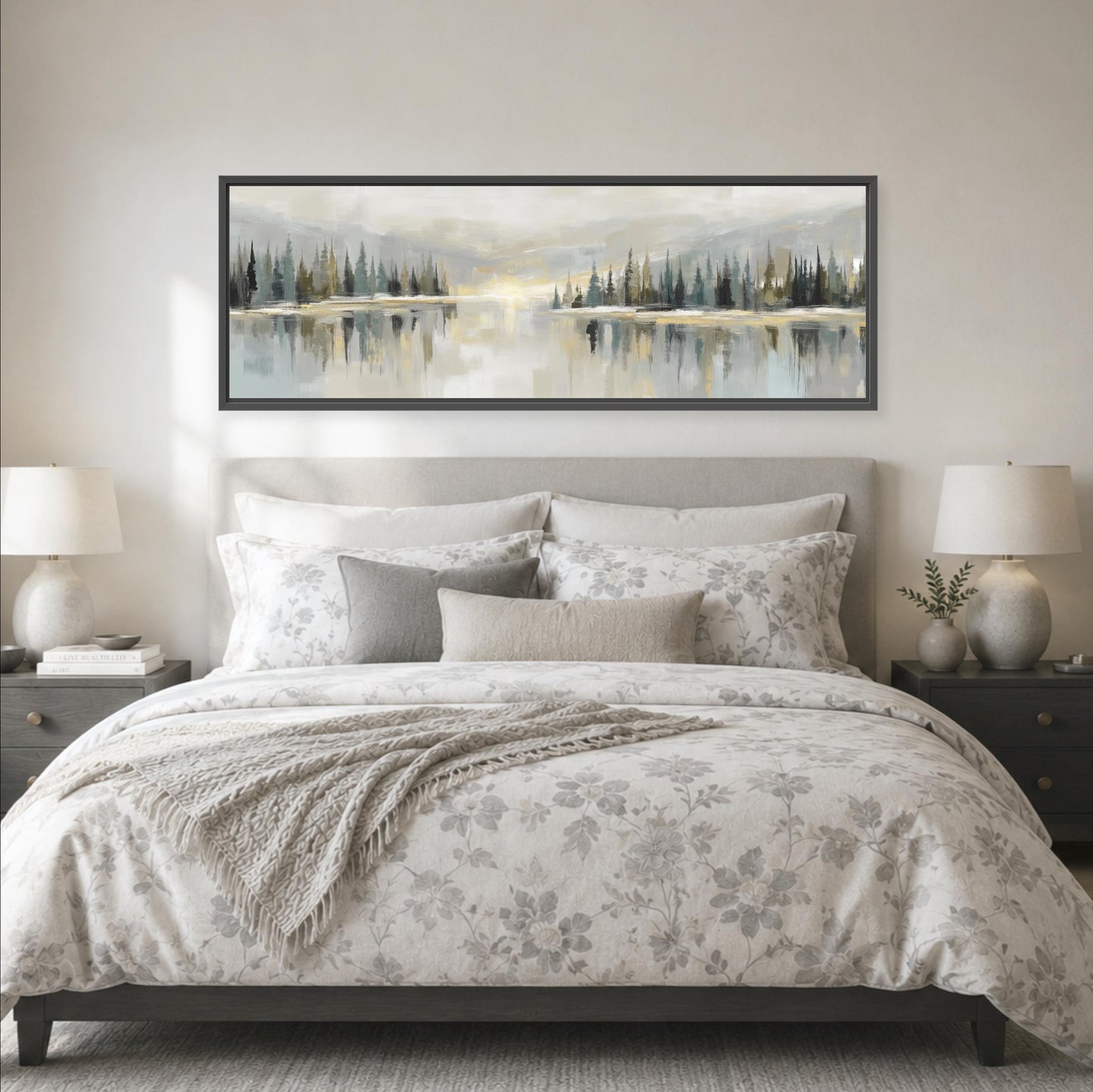 a large bedroom with a bed, nightstands, and a framed landscape painting hanging above the bed.