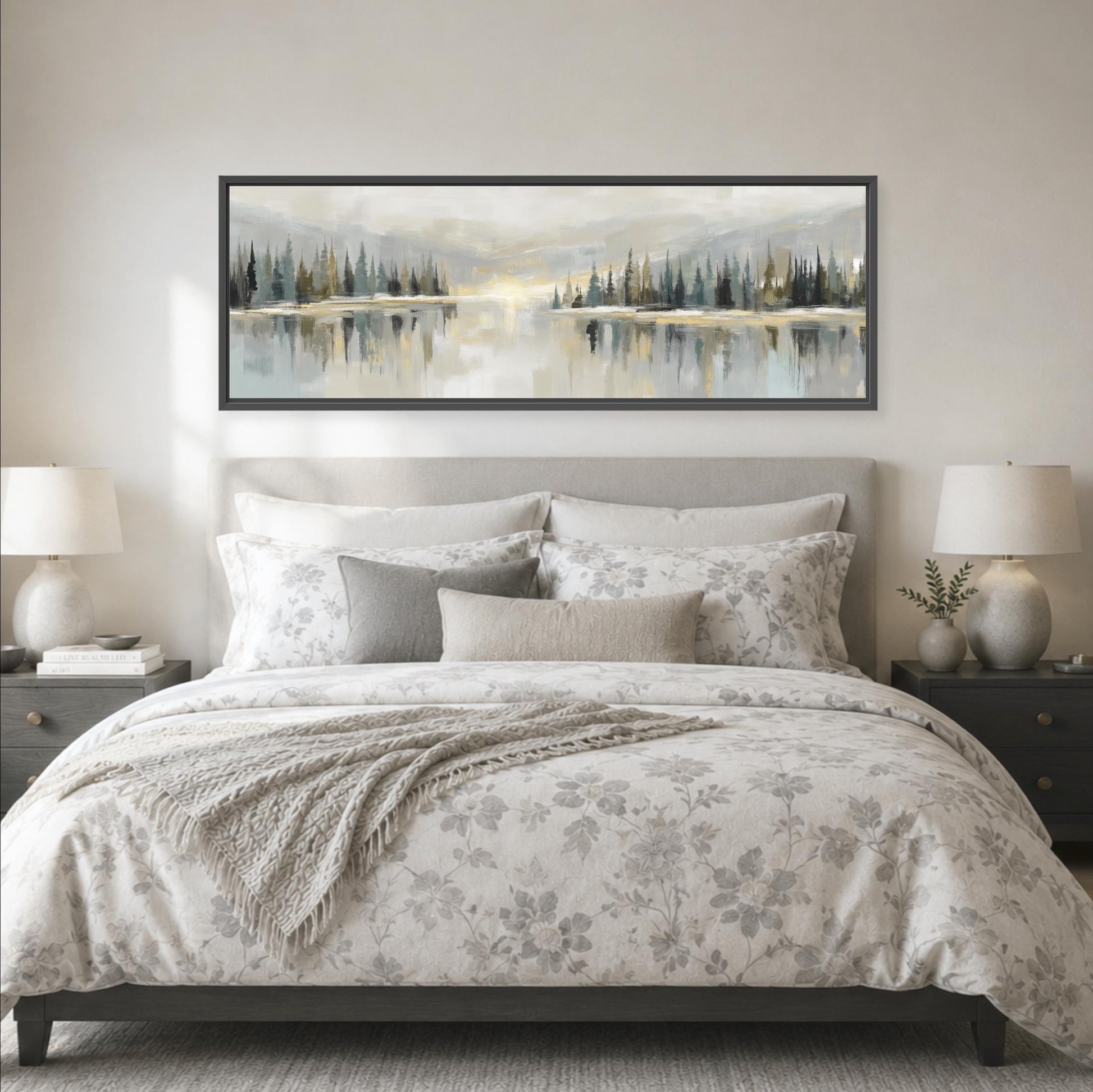a large bedroom with a bed, nightstands, and a framed landscape painting hanging above the bed.