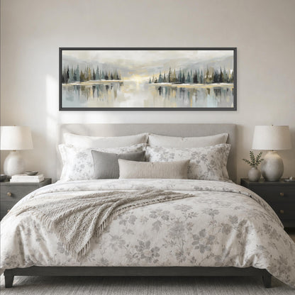 a large bedroom with a bed, nightstands, and a framed landscape painting hanging above the bed.