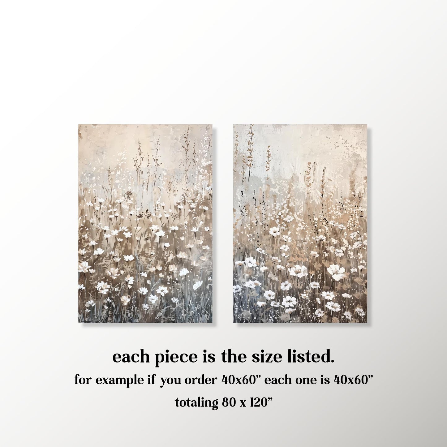 two paintings of a field of flowers, each with a different size listed.