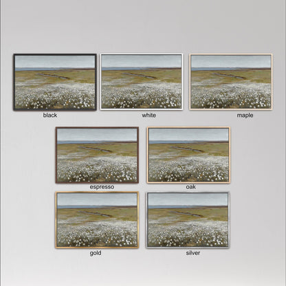 six different framed landscape paintings, each with a distinct color and frame style. The paintings depict various scenes, such as a field of flowers, a river, and a desert landscape. The color palette of the paintings includes black, white, and maple frames, as well as gold and silver frames. The frames vary in size and shape, adding visual interest to the overall presentation.