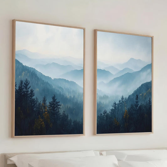 lue Ridge Mountains Set of 2, Large Canvas Art, Foggy Landscape Artwork, Framed Wall Decor, Shipped from the USA
