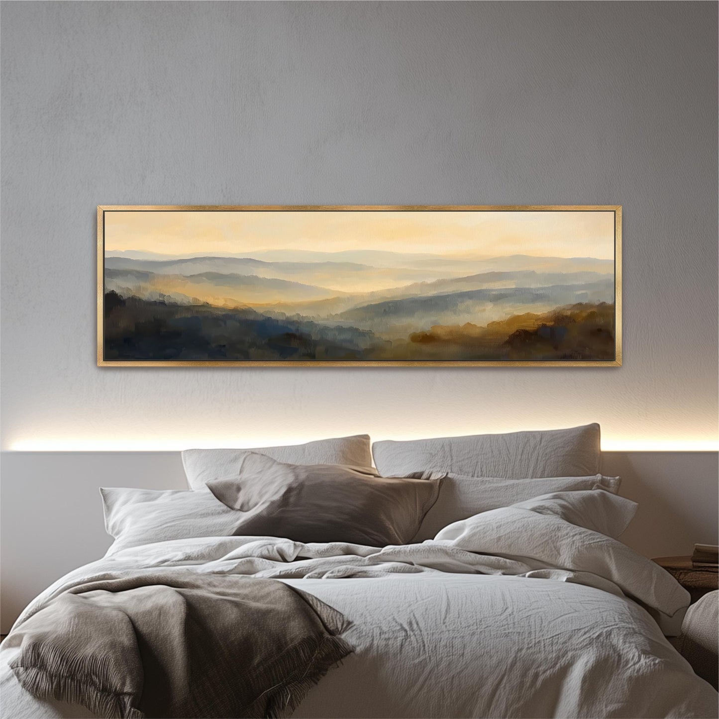 a large, framed landscape painting hanging above a bed with white bedding.