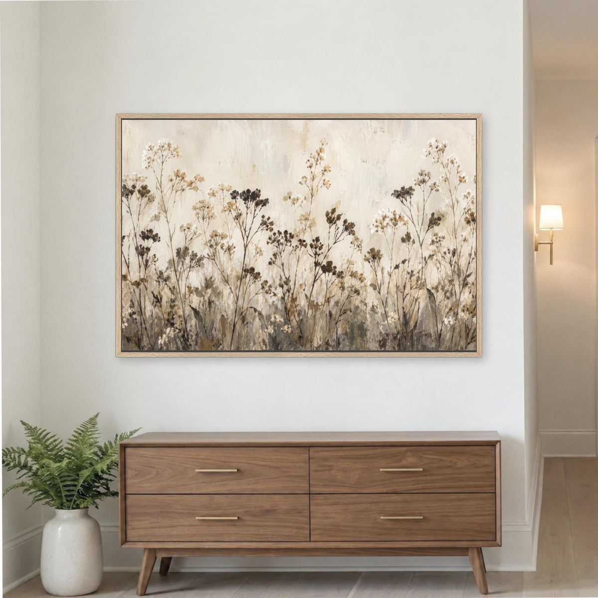 Neutral Brown Beige Floral Art, Wildflower Meadow Landscape, Nature Decor, Framed Canvas Artwork