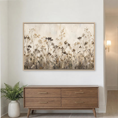 Neutral Brown Beige Floral Art, Wildflower Meadow Landscape, Nature Decor, Framed Canvas Artwork