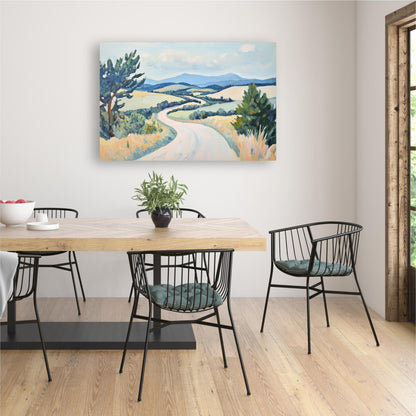 a dining room with a wooden table and chairs, a painting of a countryside landscape hanging on the wall, and a potted plant on the table.