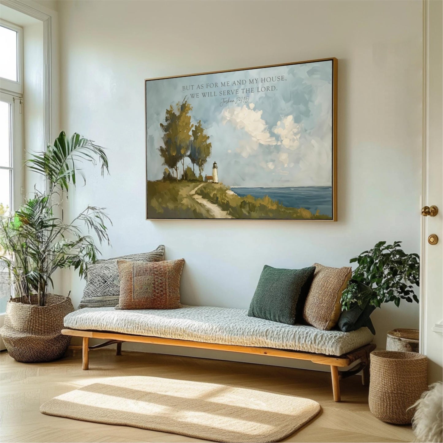 A large painting of a landscape with a lighthouse and trees hangs on a white wall in a cozy living room. The room is decorated with potted plants, a bench, and a rug, creating a warm and inviting atmosphere.
