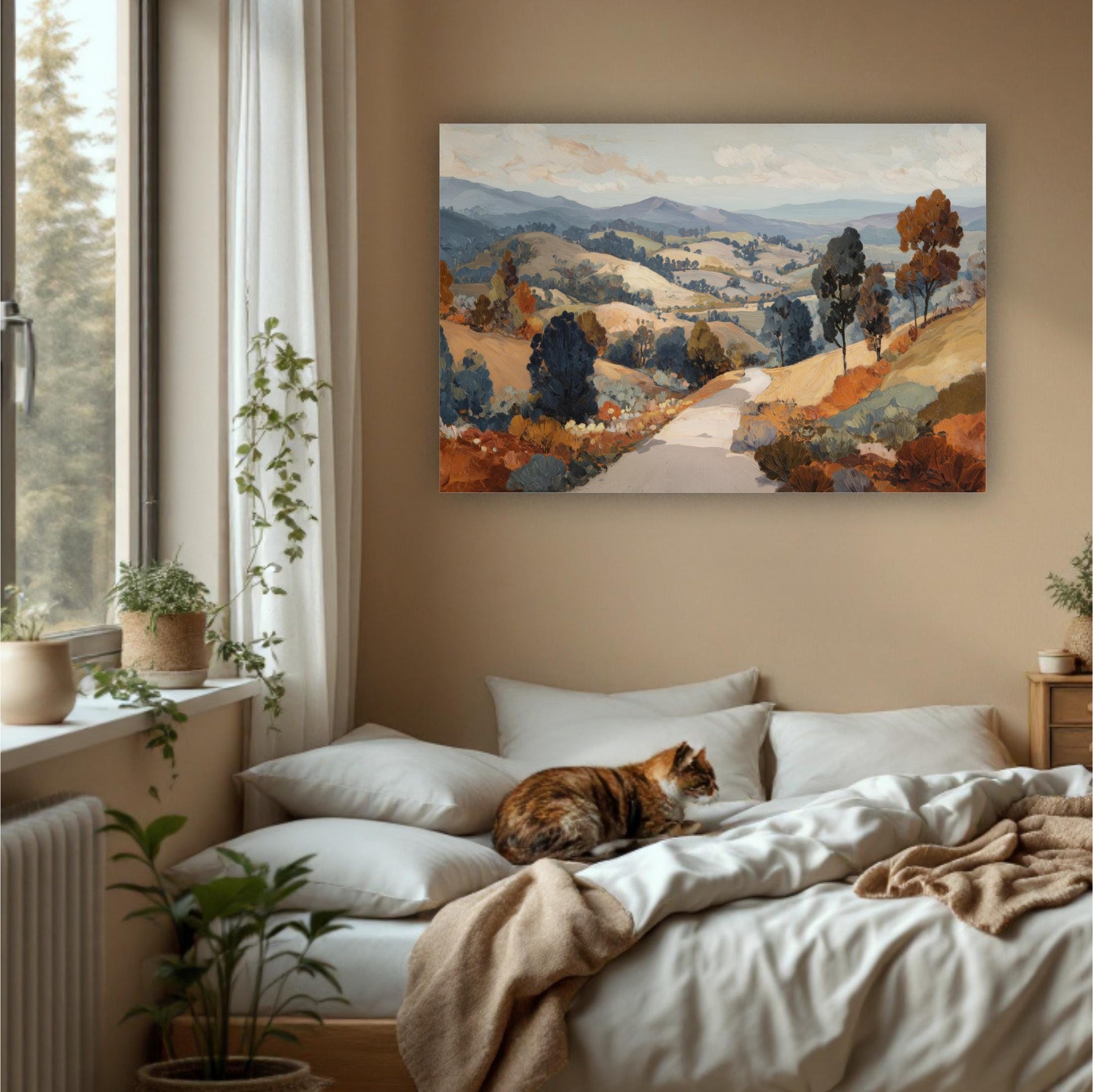 a cozy bedroom scene with a large landscape painting hanging on the wall above a bed with a cat resting on it. The room is decorated with potted plants and other natural elements, creating a serene and inviting atmosphere.