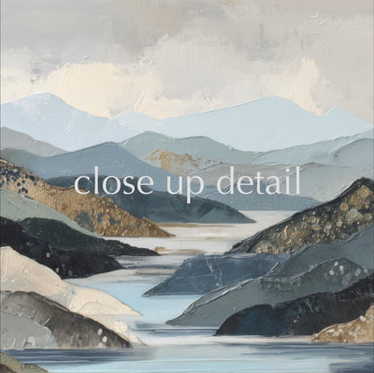 a serene landscape with mountains, a river, and a cloudy sky.