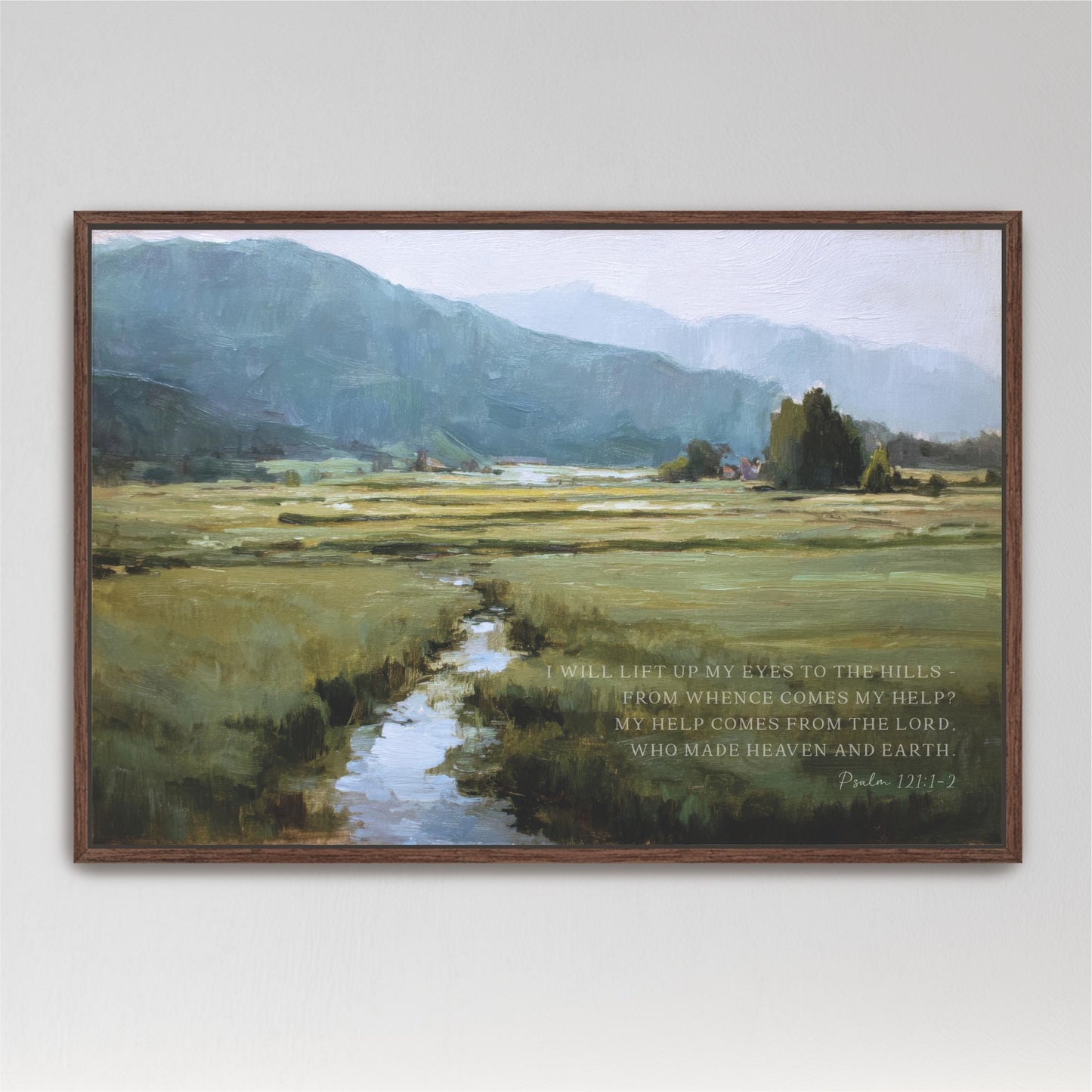 The image is a framed painting depicting a serene landscape with a winding stream, lush green hills, and a clear blue sky.