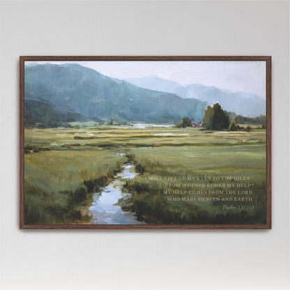 The image is a framed painting depicting a serene landscape with a winding stream, lush green hills, and a clear blue sky.