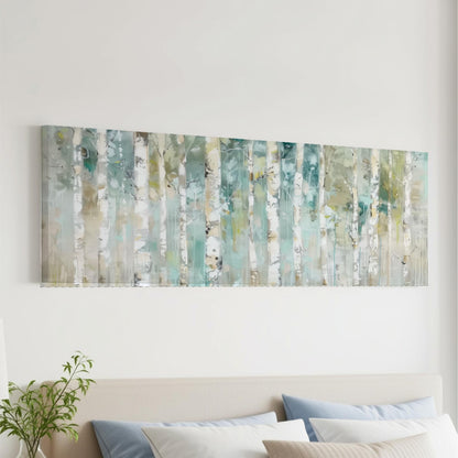 a large abstract painting of a forest scene, hanging on a wall above a bed with white pillows.