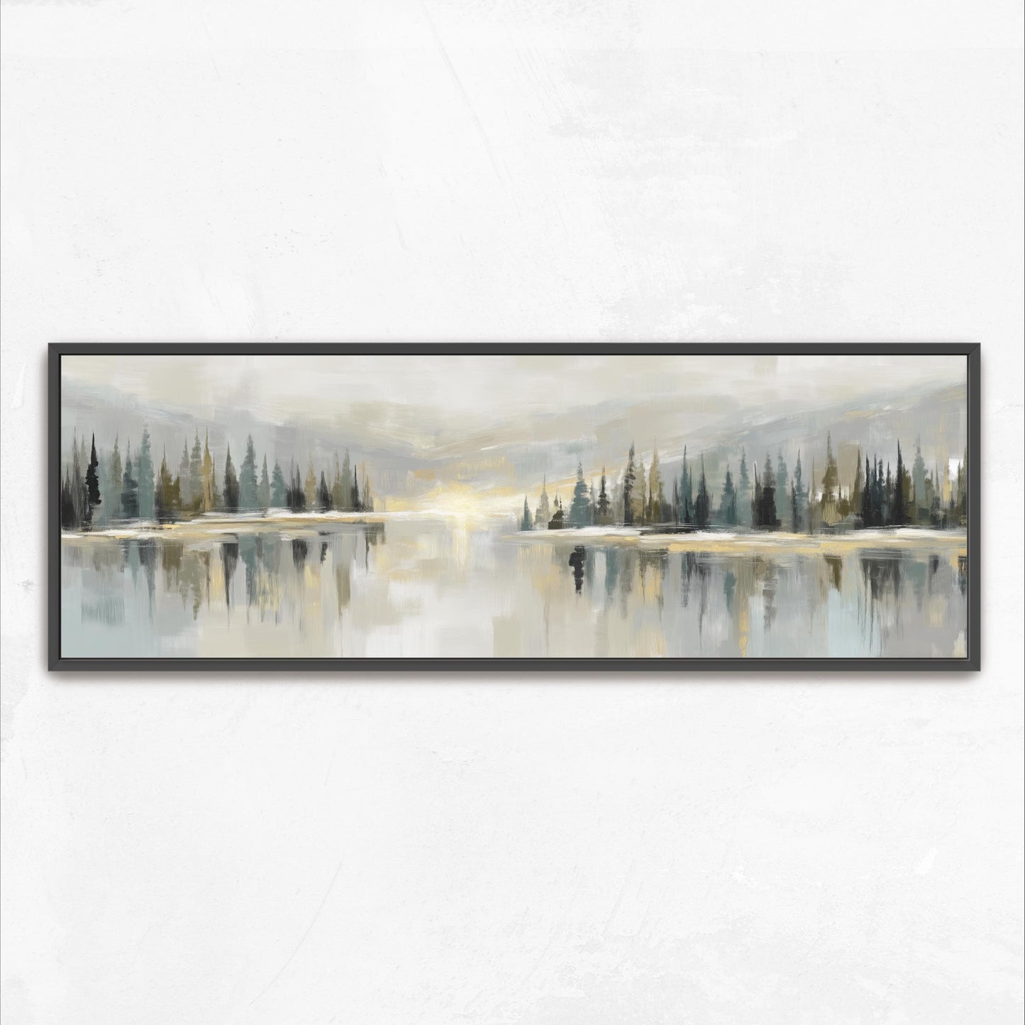 The image is a framed painting depicting a serene landscape with a lake surrounded by trees.
