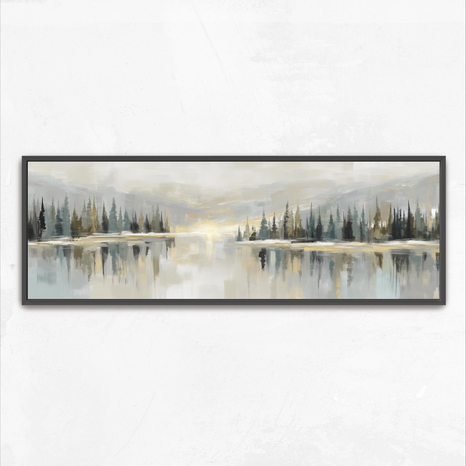 The image is a framed painting depicting a serene landscape with a lake surrounded by trees.