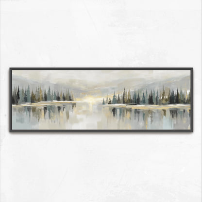 The image is a framed painting depicting a serene landscape with a lake surrounded by trees.